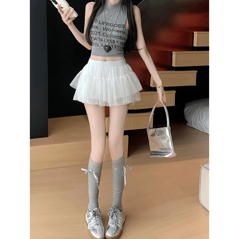 Women'S Sparkly Tulle Tiered Skirt, High Waist A-Line Ruffle Tutu Skirt, Cute Kawaii Layered Skirt in 3 Colors (Pink, White