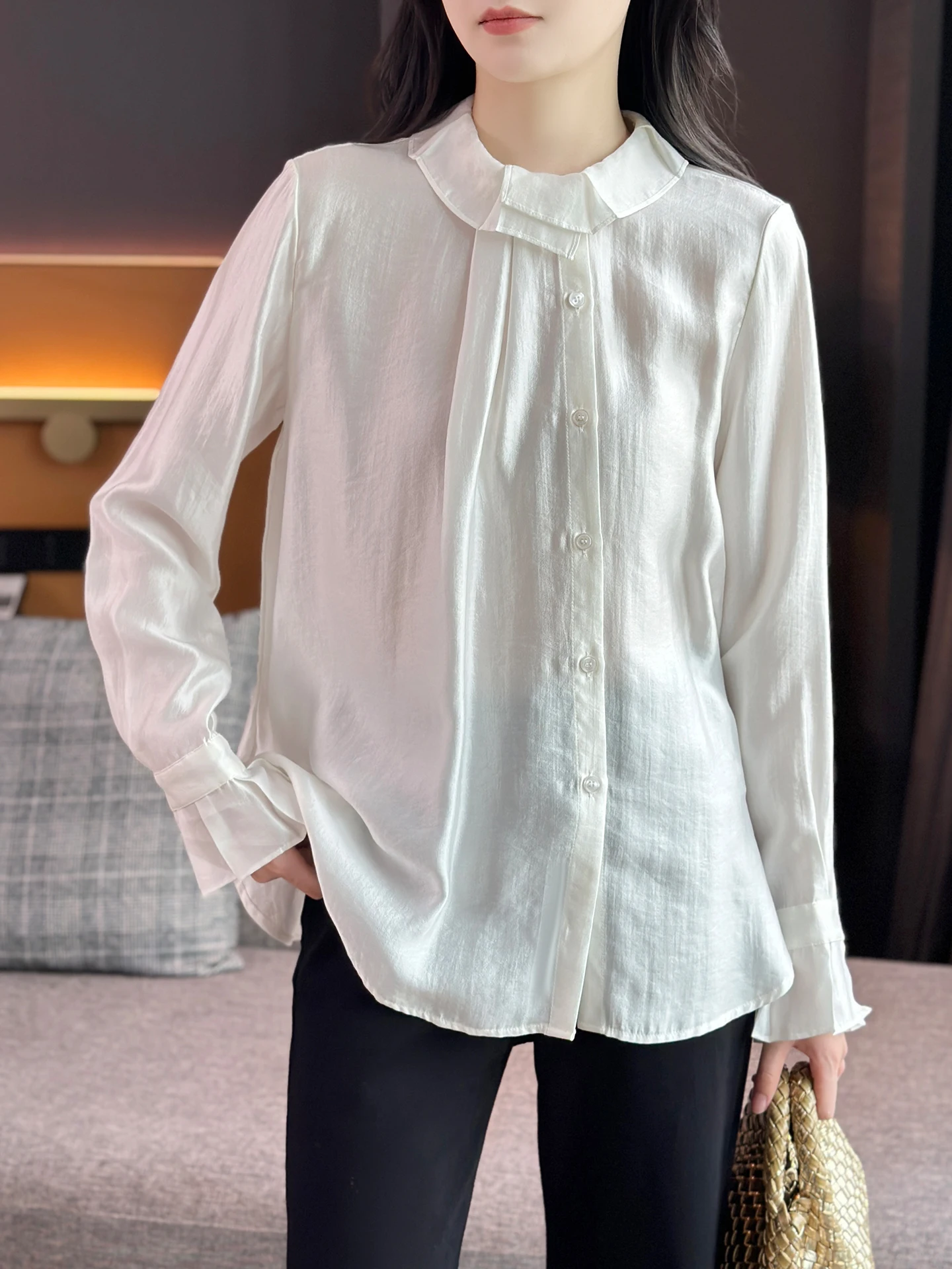 

ZuoZuoJia Silk Blouse Loose Wide Leg Pants Floral Collar Bell Sve French Sle Women's irt Breathable Long Sve Casual...