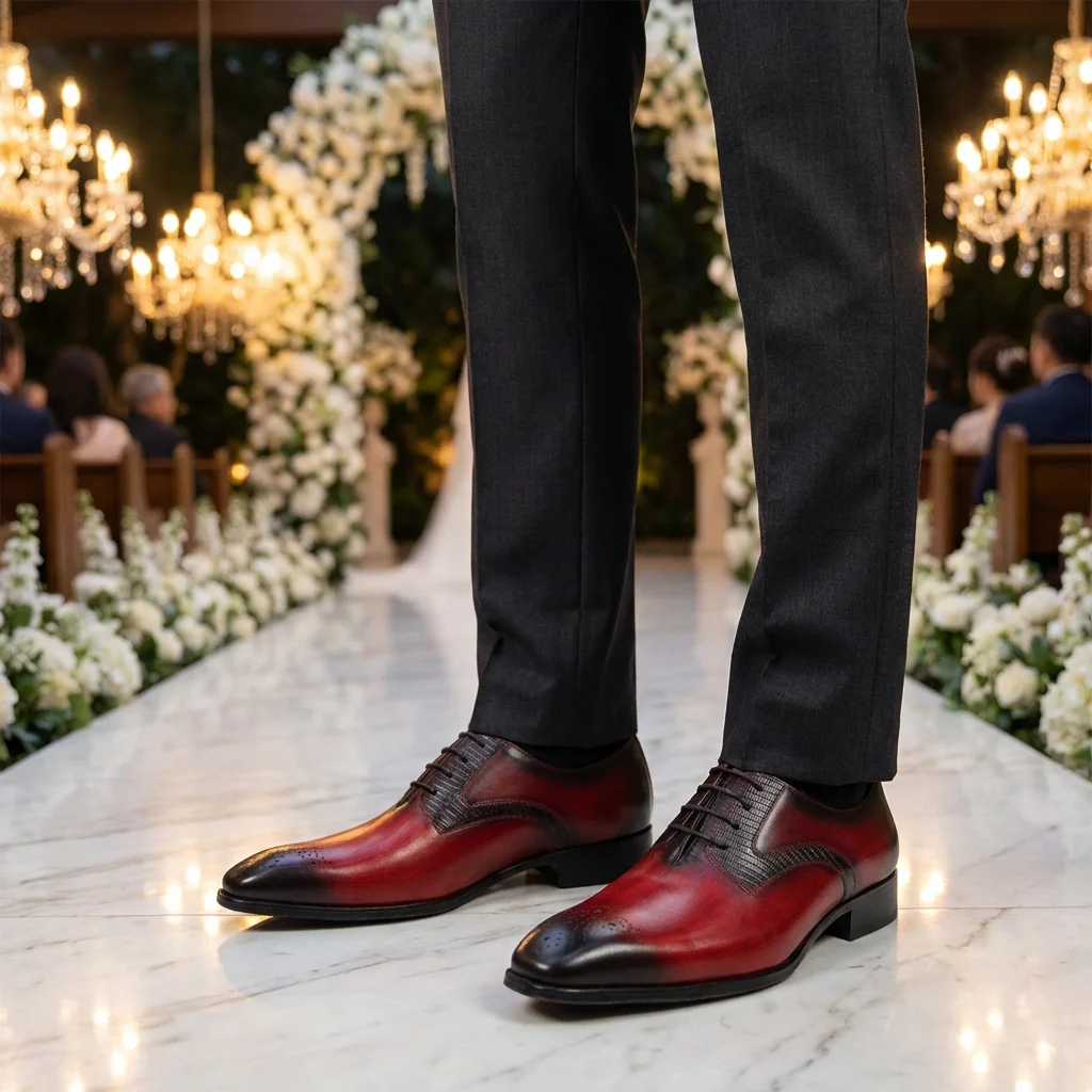 

Wedding Men's Leather Derby Shoes Handmade Elegant Italy Leather Shoe for Office Business Party Formal Dress Leather Shoes Red