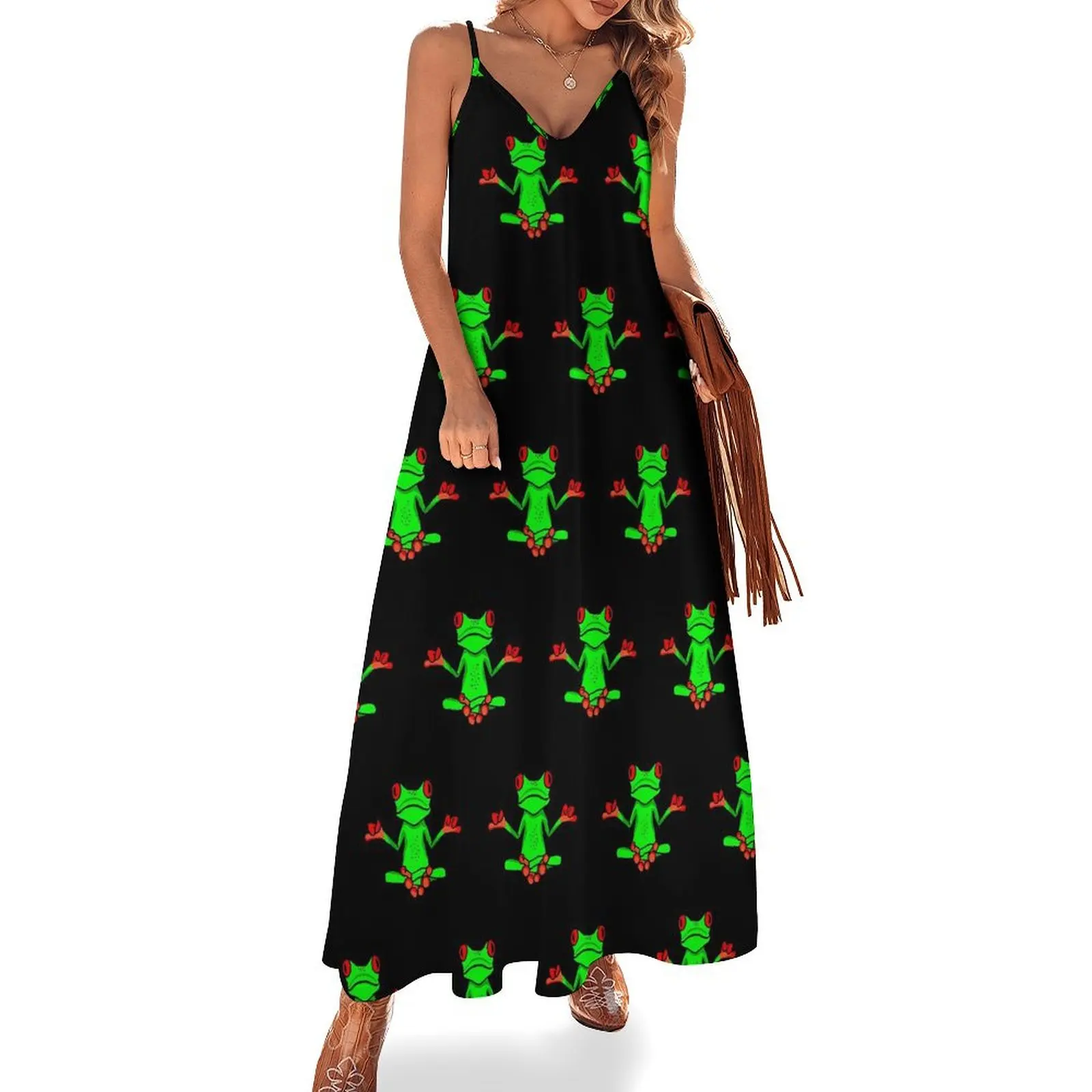 

Zen Tree Frog Dress Cute Animal Sexy Maxi Dress V Neck Bohemia Long Dresses Spaghetti Straps Aesthetic Oversized Vestidos