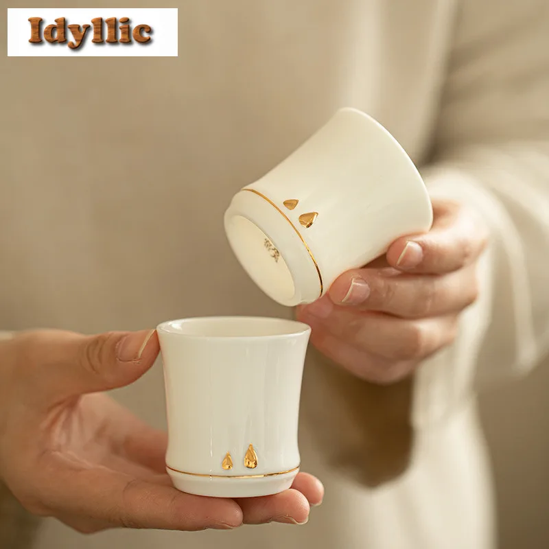 

2pc/lot Relief Bamboo Joint Fat Jade Gold Drawing Teacup Zen Tea Bowl Jug Tea-tasting Meditation Cup Jianzhan Master Cups 85ml
