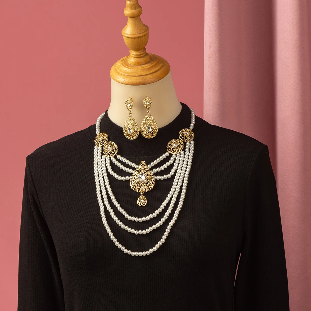 Middle Eastern Bridal Jewelry Set, Multi-Layer Gold-Plated Zinc Alloy Drop Pendant Necklace Earrings For Wedding & Party
