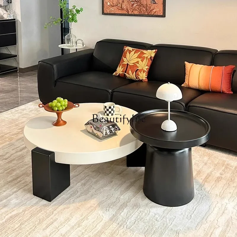 

ls 51 Black and white round coffee table living room household light luxury high-end modern cream style small apartment combinat