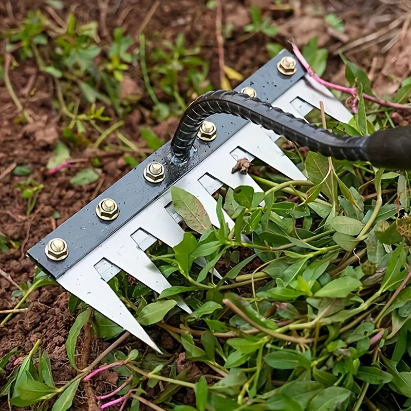Robuster Stahl-Unkrautrechen, multifunktionales Gartenwerkzeug zum Auflockern des Bodens und Entfernen von Unkraut, für den Einsatz im Garten und auf dem Hof. Griff nicht enthalten. – Detail 8
