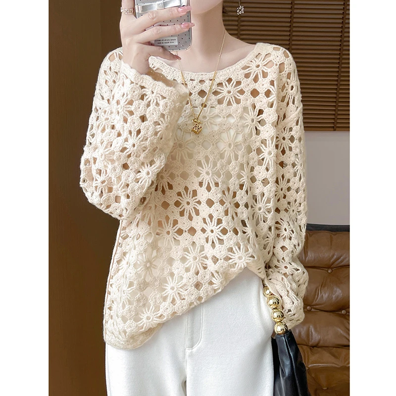 New Arrival Spring Summer Women Pullover Casual Loose Fit O-neck Long Sleeve Hollow Out Good Quality Wool Knitted Sweater T160