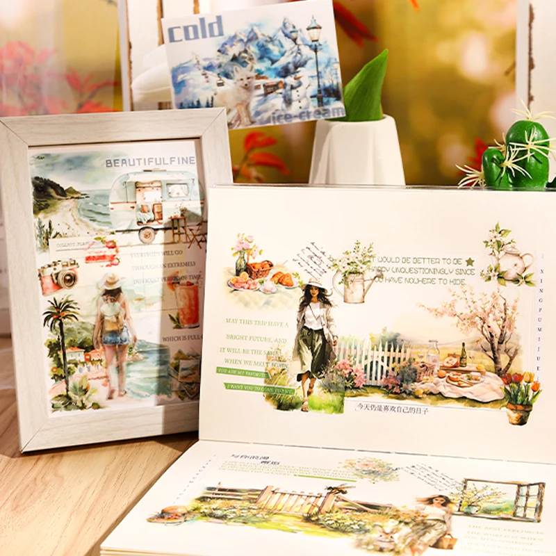 4Style 20Sheets/book Travel Theme Die Cut Sticker Book for DIY Handbook Photo Frame Scrapbook Envelope Calendar Decoration