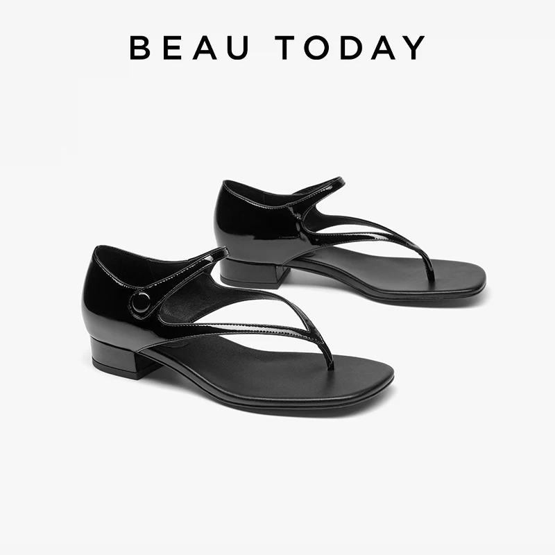 BEAUTODAY Fashion Sandals Women Patent Leather Flip Flop Ankle Button Square Toe Pumps Ladies Mid Heel Shoes Handmade 32498