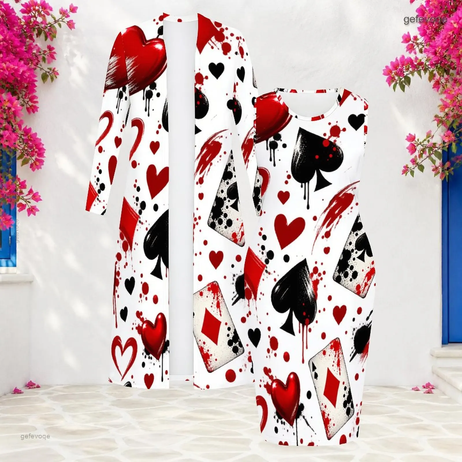 Women Playing Card Suit Print Two Piece Set Long Open Front Cardigan and Sleeveless Bodycon Dress