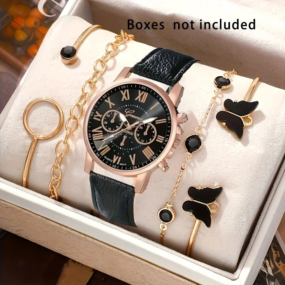 5pcs Fashionable Women's Watch with Simple Roman Dial Quartz Watch, Women's Leather Strap Watch Bracelet Set (no Box)