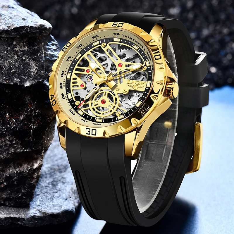 

LIGE Business Silicone Watch for Men Military Sport Men's Mechanical Wristwatches Waterproof Gold Skeleton Automatic Watch Men