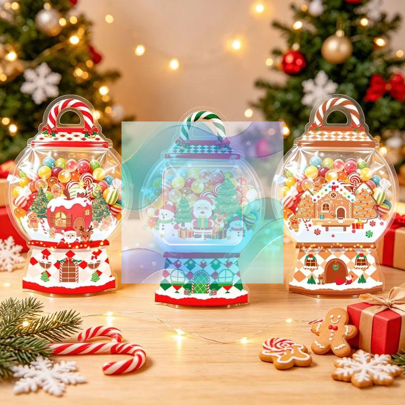 10Pcs Cartoon Clear Window Christmas Candy Bags Stand Up Zip Lock Plastic Pouches for Kids Holiday Gift Wrapping