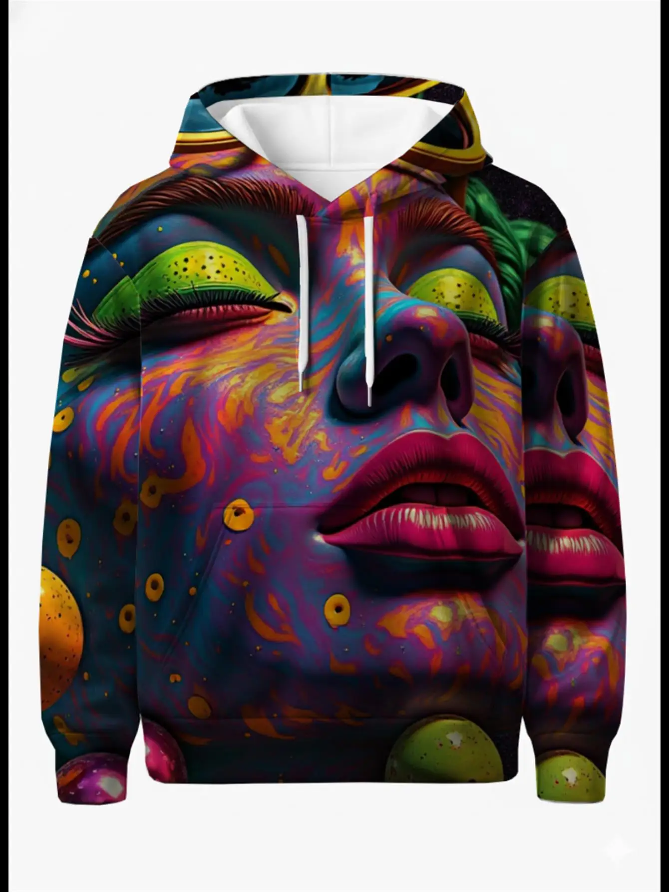 Men Psychedelic Colorful Abstract Face Art Print Hoodie Drawstring Pocket Long Sleeve Casual Pullover Sweatshirt
