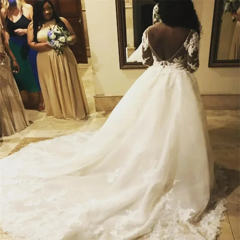 Elegant Mermaid Lace Decal African Women's Wedding Dress Sexy V-Tie Detachable Skirt Vintage Long Sleeve Bridal Dress Customized