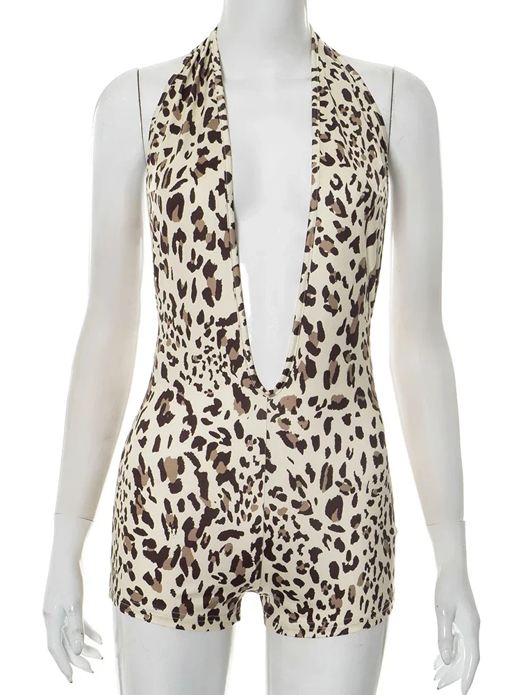 Leosoxs Playsuits mit Leopardenmuster für Damen, Neckholder, tiefer V-Ausschnitt, ärmellos, dünn, pfirsichfarben, Hüfte, heiße Mädchen, Straßentrend, wilder Stil, Strampler