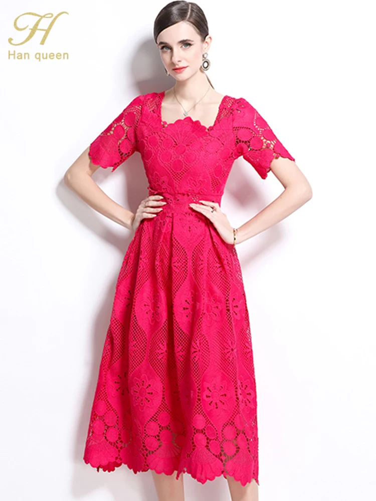 

H Han Queen Summer French Style New Casual Work Party Dresses Floral Crochet Hollow Out Lace Casual Office Simple Midi Dress