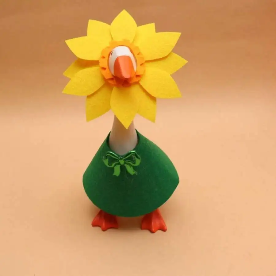 

7 Inch Mini Goose Figurine With Sunflower Hat And Green Bow Dress Felt Outfit Set