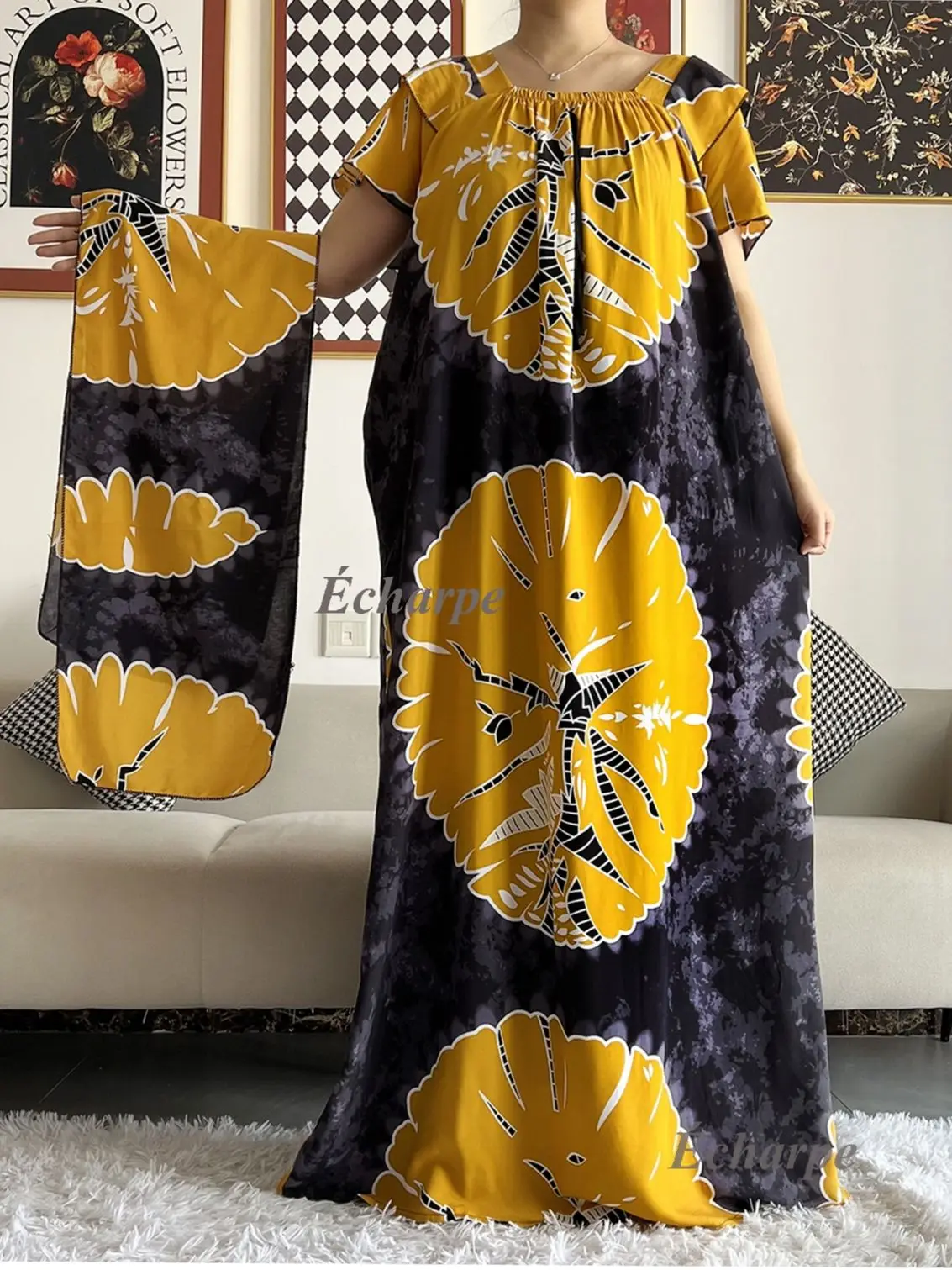 2023 African Dashiki Dress Kaftan Abaya Cotton Boat-neck Floral Dress Printed Short Sleeve Loose Women Casual Dress with Scarf