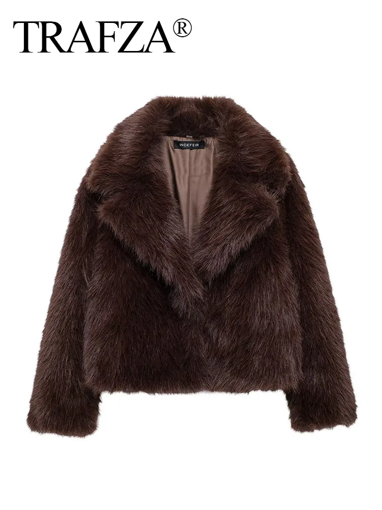 TRAFZA Fashion Woman Brown Casual Long Sleeves Buttons Turn-Down Collar Loose Outerwear Women Winter Warm Coat Faux Fur Jackets