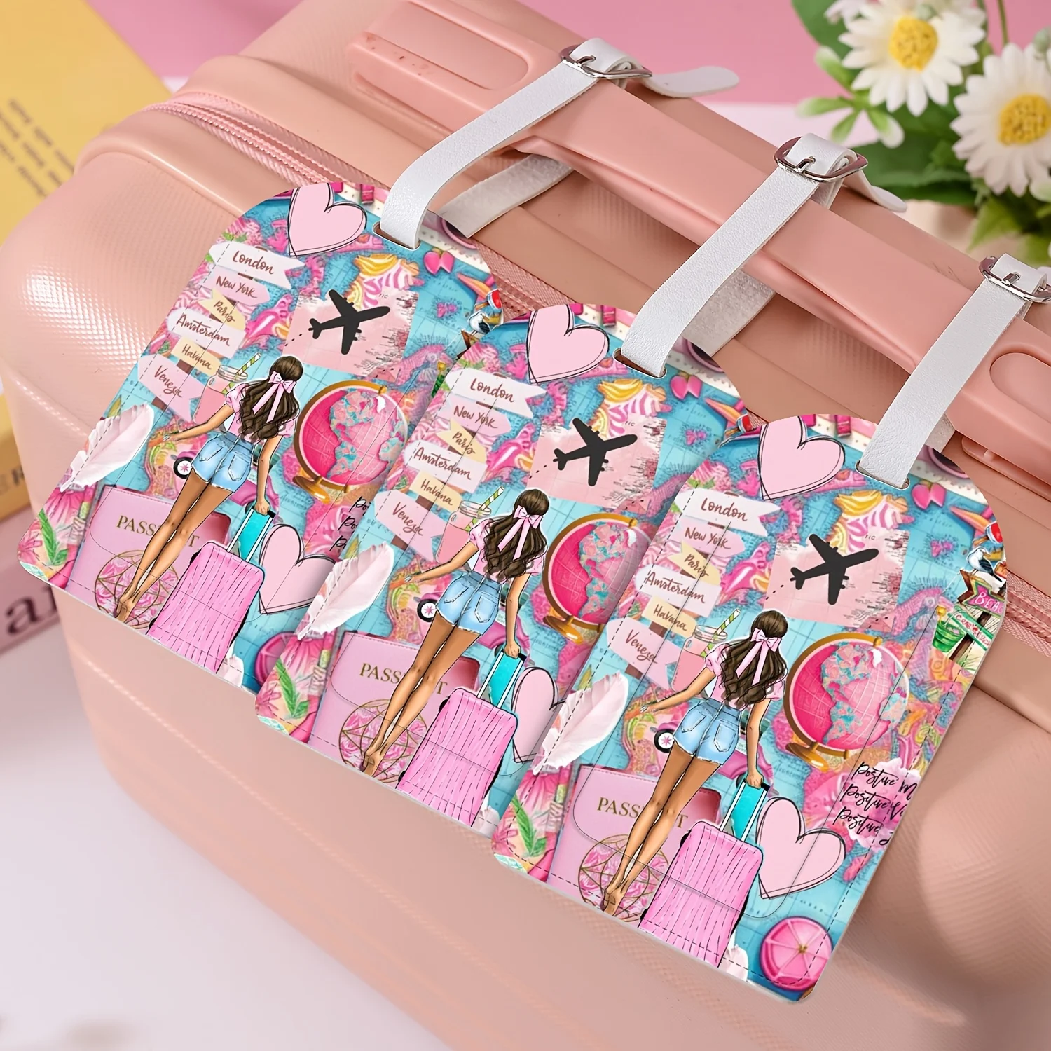 Pink Girl Travel World Map Luggage Tag Airplane Heart Globe Pattern Suitcase Identifier Label with Strap for Travel Baggage