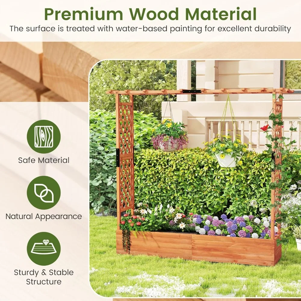 سرير حديقة مرتفع مع تعريشة، صندوق زراعة خشبي مع إطار تسلق، صندوق حديقة مرتفع خارجيًا - تصميم مبتكر #2