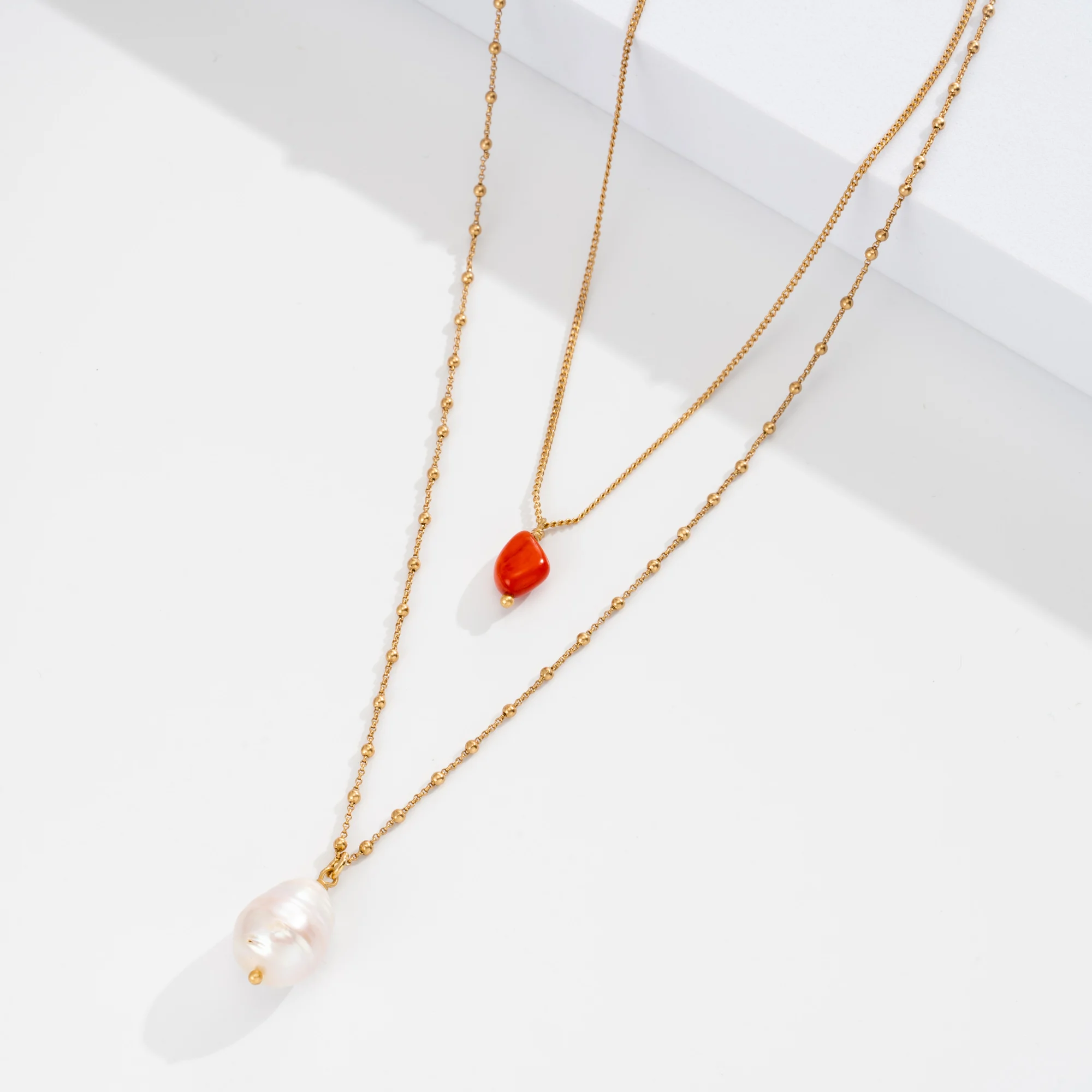 Wealthyboo True Natural Coral Stones Red Beads Red Chain NOT Plastic Gold Plated Brass Chain Necklace For Women Girls Gift