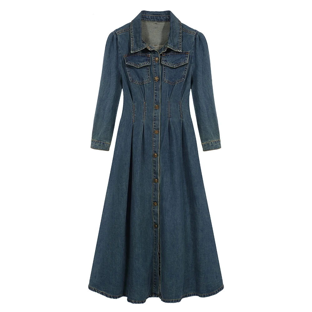 

Spring Autumn Vintage Denim Dress Women Turn-Down Collar Three Quarter Sleeve Single Breasted Jeans Dress Evening Party Dresses