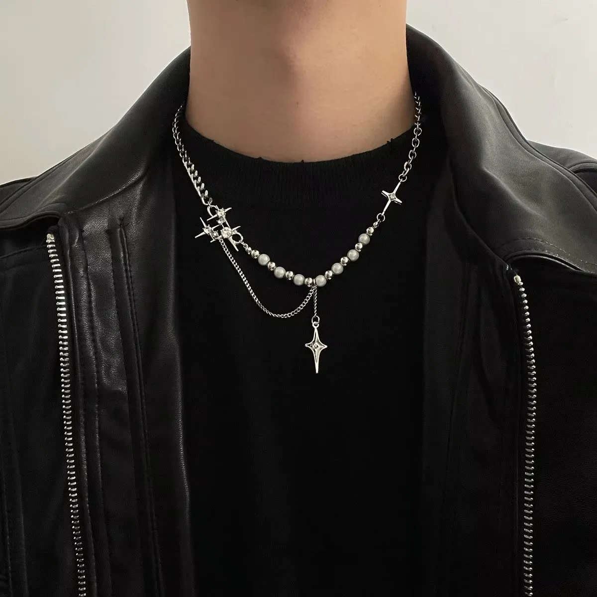 Punk Kreuz Stern Naturstein Perlen Halskette Goth Kreuz Kette Halskette Kpop Anhänger Halsketten für Frauen Männer Party Schmuck