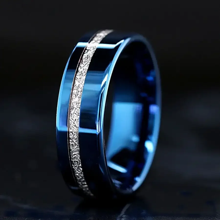 Fashion 8mm Blue Stainless Steel Ring For Men Vintage Silver Color Meteorites Inlaid Promise Ring Men Wedding Band Jewelry Gift