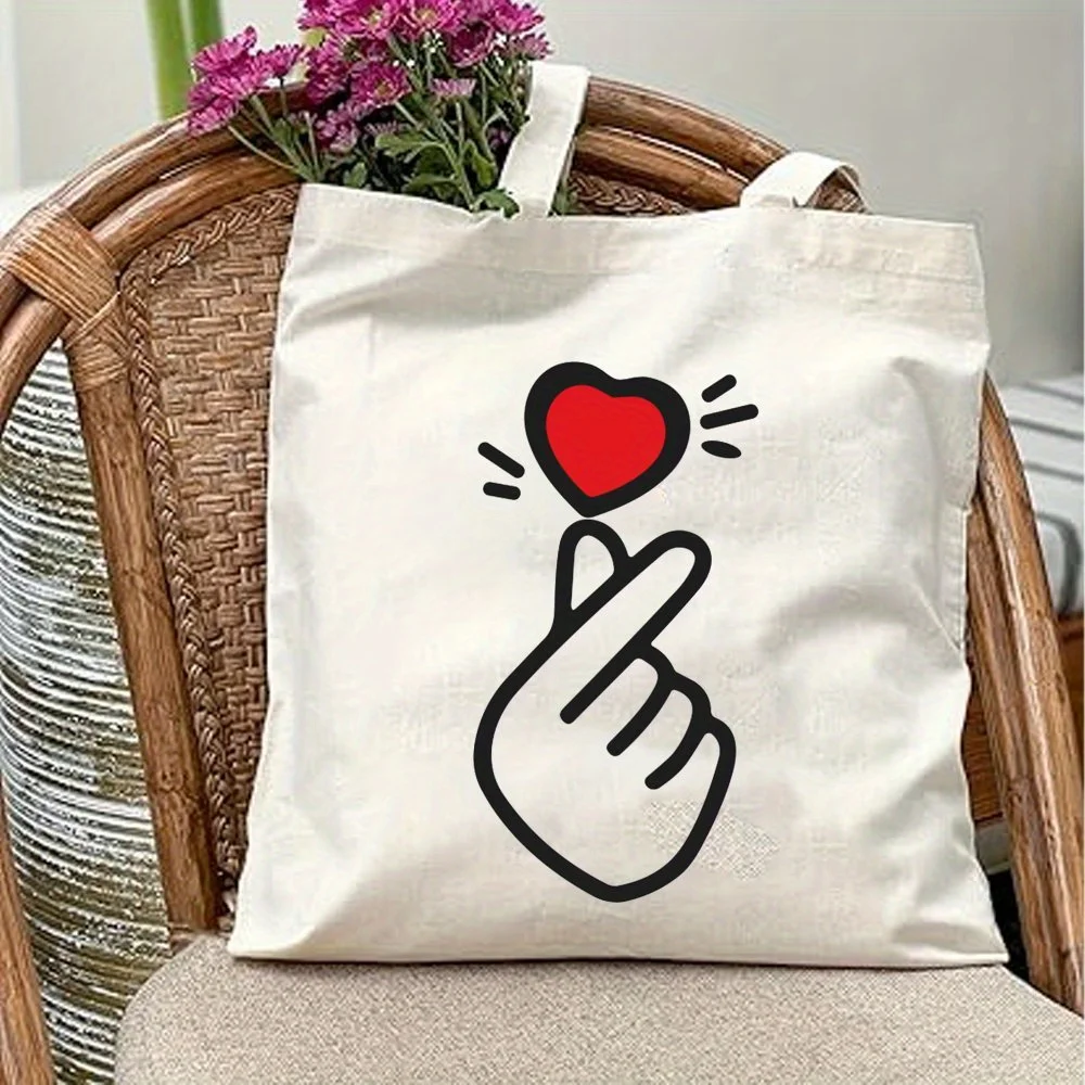 Cute Korean Heart Sign Canvas Tote Bag, Saranghae Hangul Print Eco-Friendly Shopper Bag, Minimalist Aesthetic Daily Handbag
