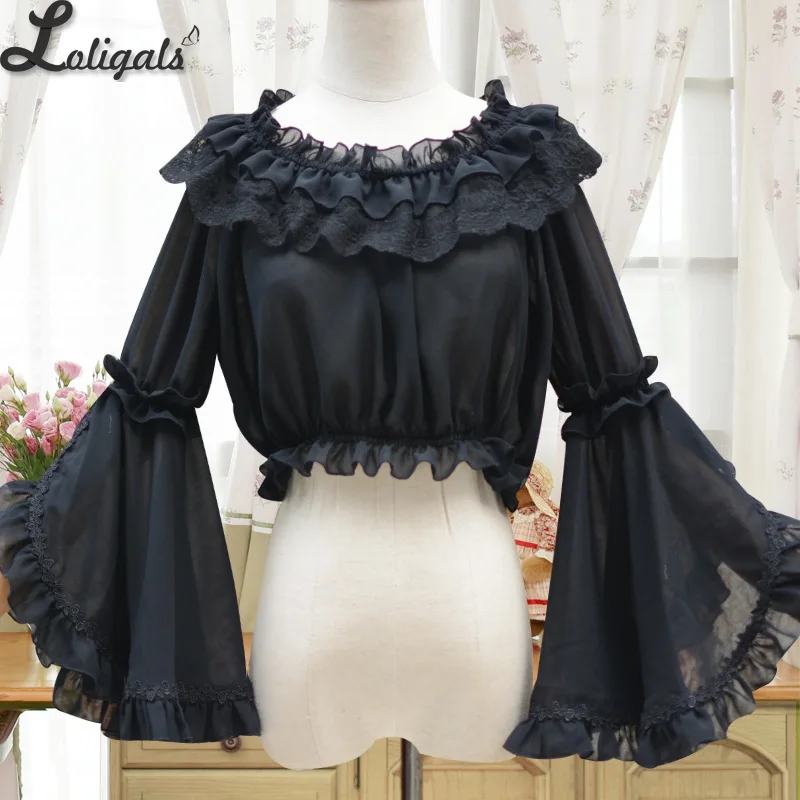 Prachtige nieuwe lange flare mouwen chiffon top plus size chiffon blouse voor vrouwen