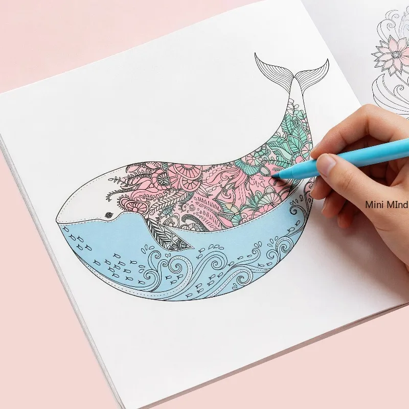 One Adult Decompression Hand Drawn Coloring Graffiti Book, Ocean Small Fish Line Draft Coloring Album, 24  Marine Life Patterns