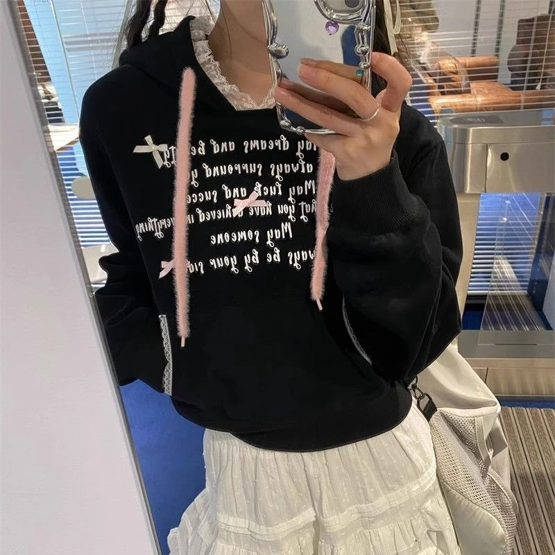 Deeptown Sweet Lace Bow Hoodies Women Black Shoujo Girl Aesthetic Kawaii Pullovers Preppy Style Oversized Letter Sweatshirts