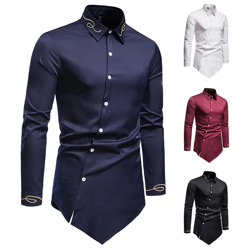 

New Hollowed Out European Size Men's Trendy Embroidered Asymmetrical Long Sleeved Shirt Western Denim Shirt