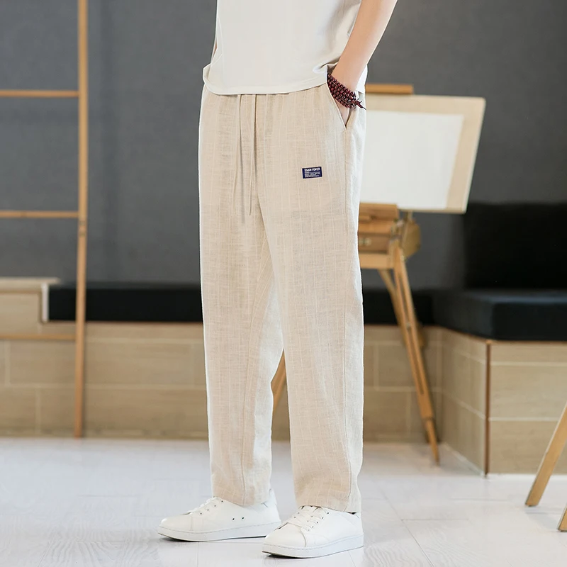 

Men's Summer Faion Brand Retro Striped Linen Pants Straight Loose Cuffed Cotton Linen Casual Long Trousers Busin Casual