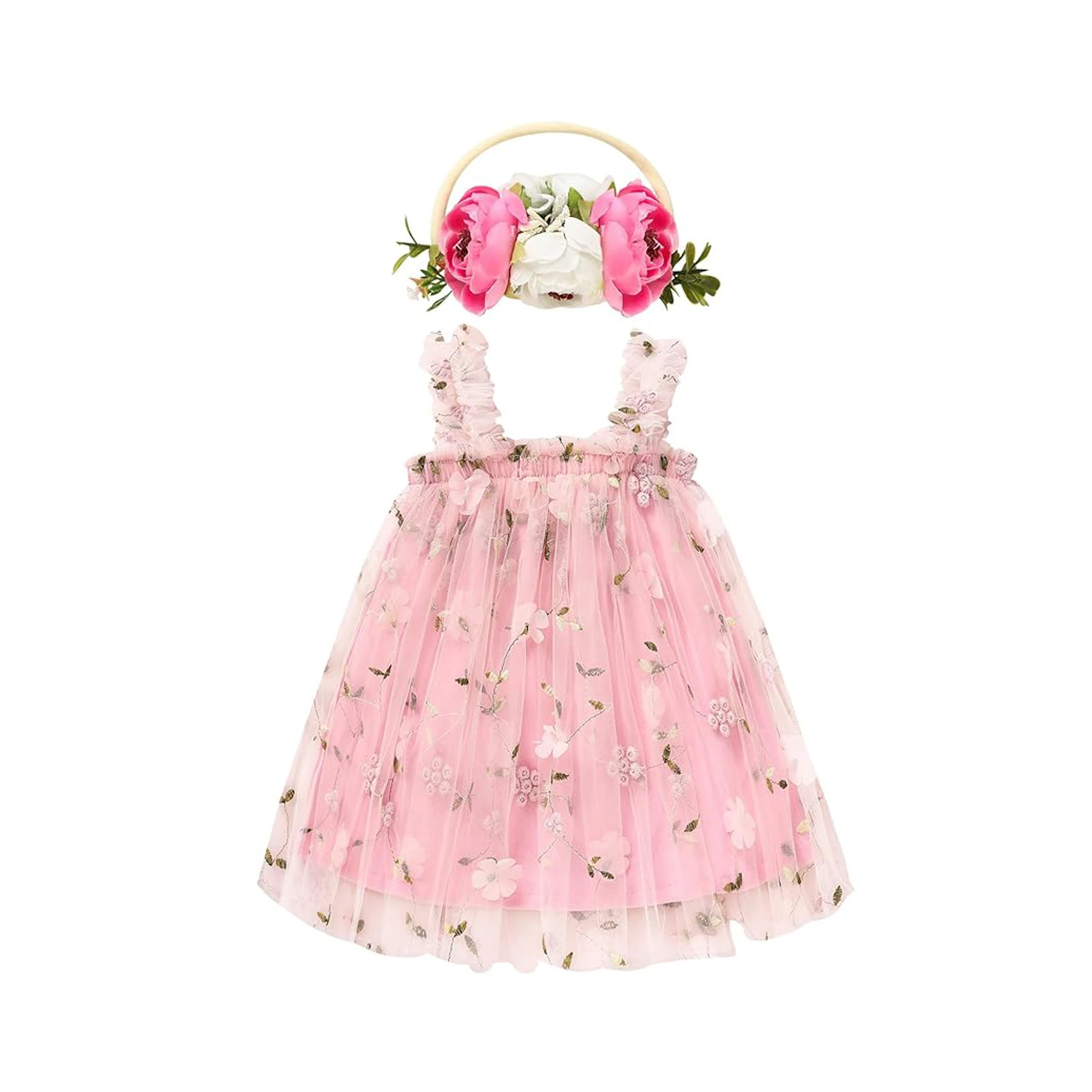 Toddler Baby Girls Tutu Dress Sleeveless Embroidery Floral Tulle Dress Little Girl Princess Dresses with Flower Headband