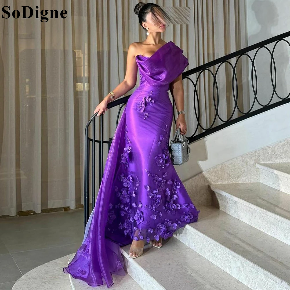 SoDigne-Vestidos De Noite De Cetim Roxo, Vestidos De Sereia De Um Ombro, Apliques Floral, Elegante Vestido De Baile De Sereia, 2021