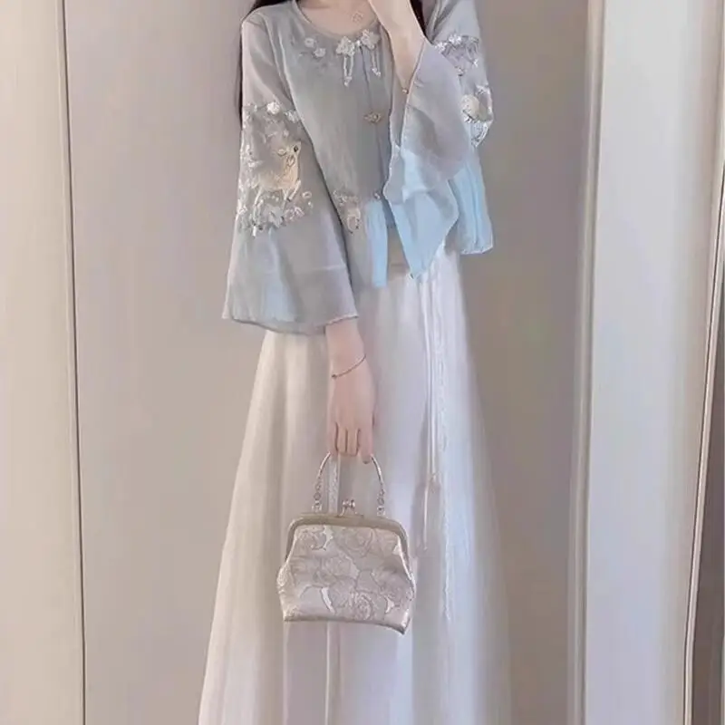 Summer New Women Clothing New Chinese Style Fashion Chinese Style Set Elegant Temperament Tops Half Body Long Skirt Two Pieceset image 5