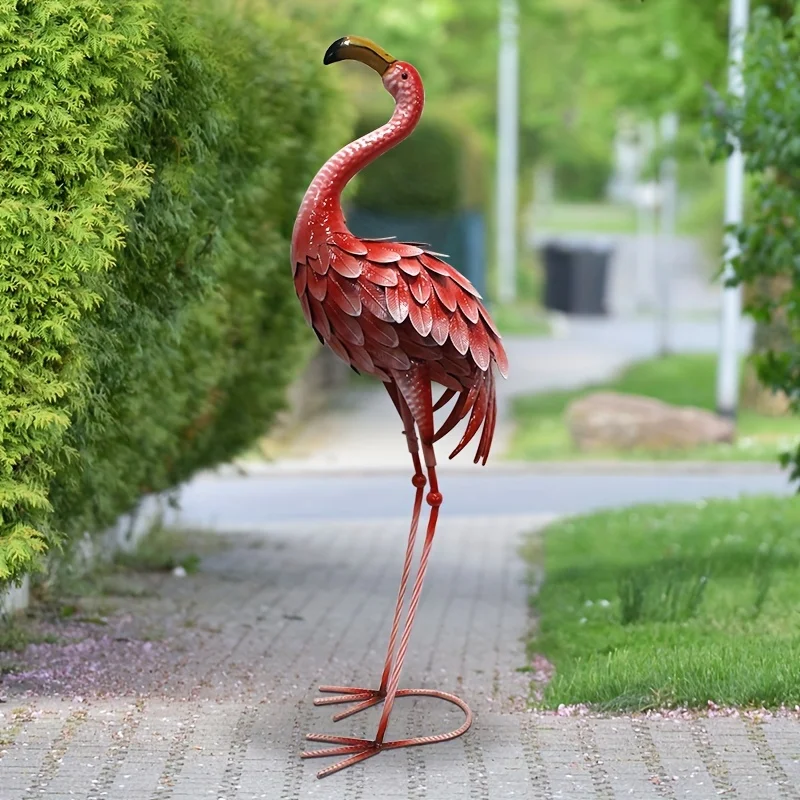 

Rustic Metal Flamingo Garden Decor, Large Bird Statue For Lawn, Backyard, Porch, Ornament, Single Outdoor Sculpture