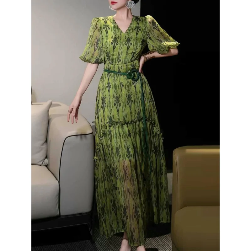 

Retro-style Elegant Dress 2025 Women Printing Puff Sleeves High Waist Slim V Neck Long Classy Maxi Dress Summer Plus Size