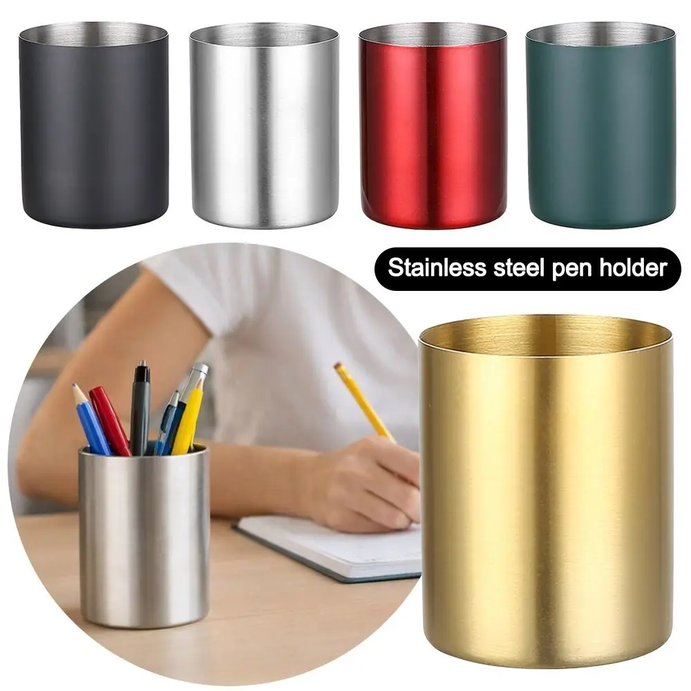 1pcs Stainless Steel Pen Holder Multi-color Desktop Organizer Stationery Storage Bucket Thickened Pen Container School Office