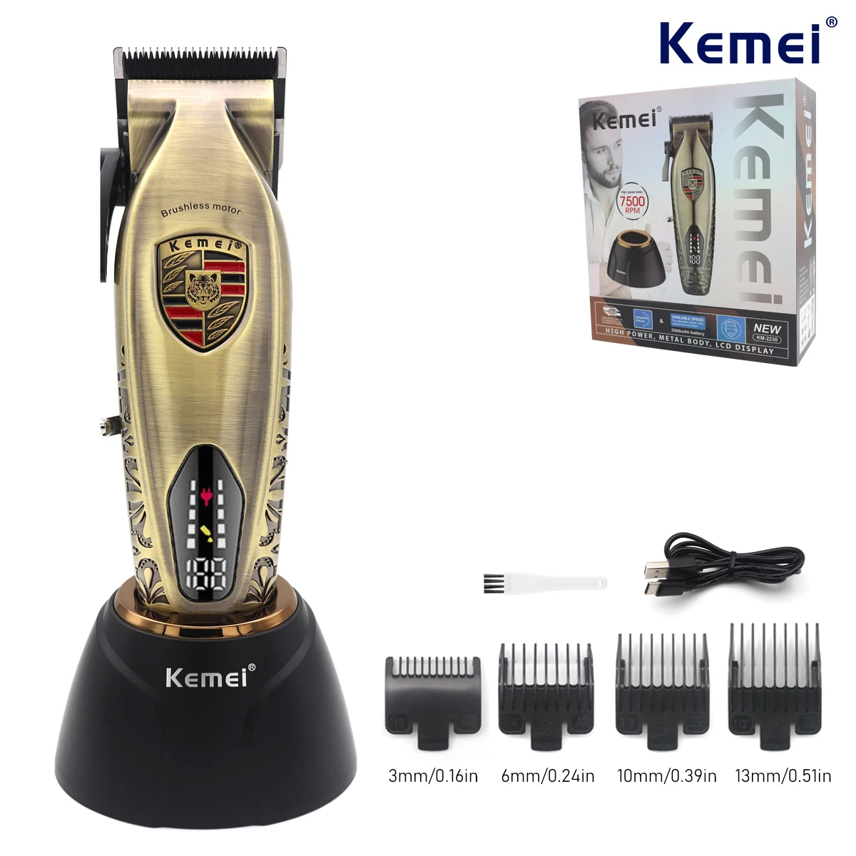 

Kemei KM-2230 Brushless Motor Men's Hair Clipper DLC Full Metal with Charging Base LCD Display Hair Cutting Machine Hair Trimmer