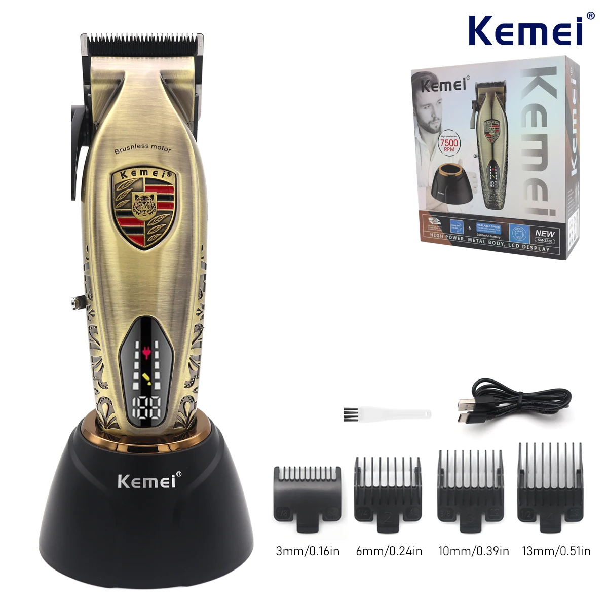 Kemei KM-2230 Brushless Motor Men's Hair Clipper DLC Full Metal with Charging Base LCD Display Hair Cutting Machine Hair Trimmer