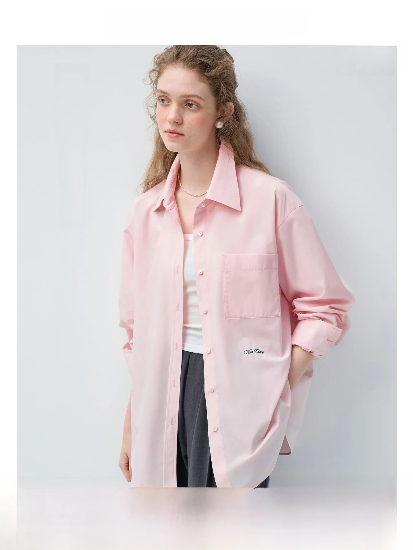 

VEGA CHANG Commute Sle Embroidered irt Women's Spring New Simple Color Colion Long Sve Casual Faion Top