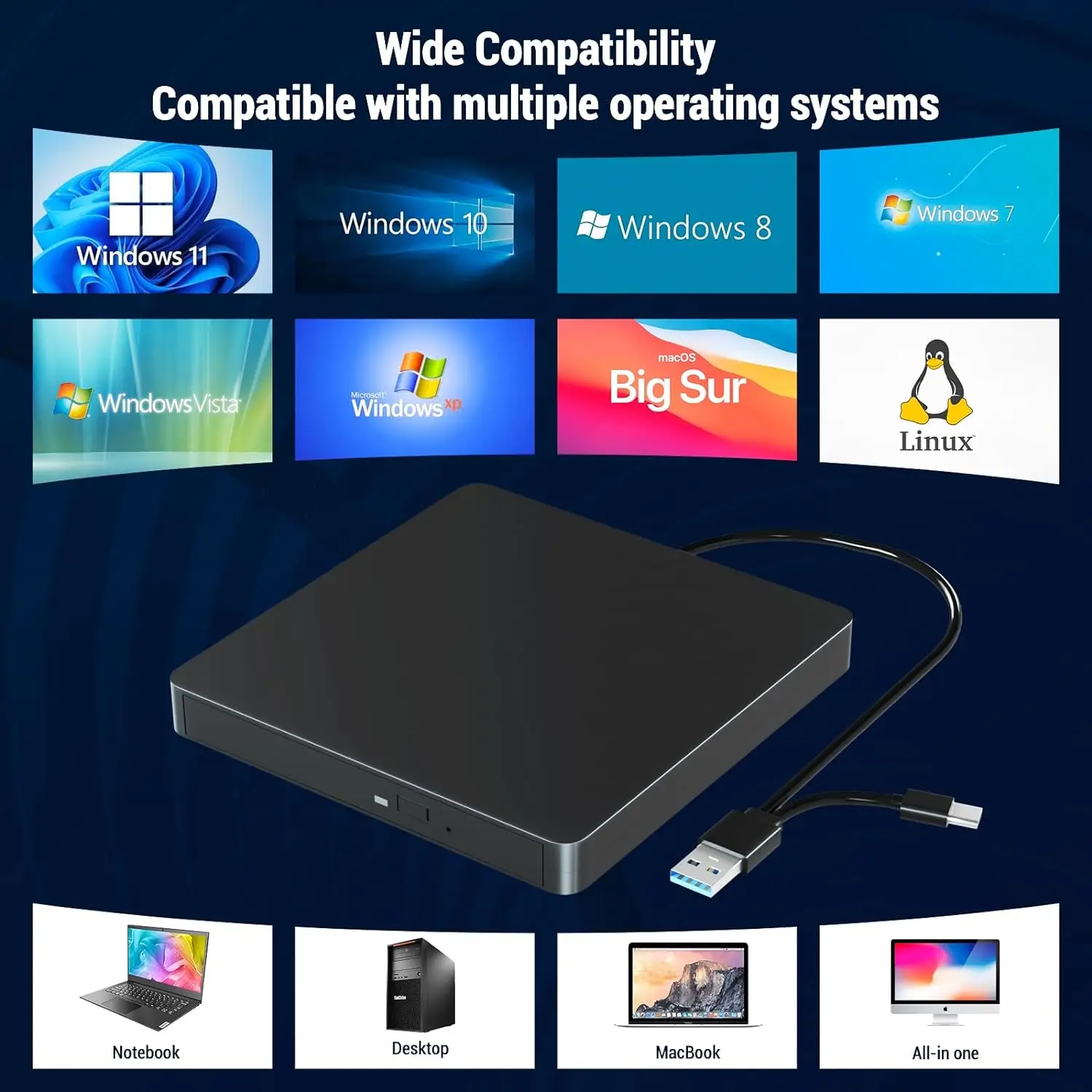 External CD DVD -/+RW Optical Drive USB 3.0 Type C Portable CD DVD Player Burner for PC Laptop Computer Windows 11/10/8/7 MacOS