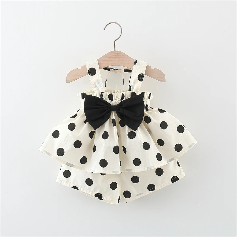 2Pcs/SetSummer Girls Set Korean Edition Children\'s Wear Simple Dot Print Bow Strap Top Short Sleeve Two Piece Set