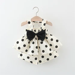 2Pcs/SetSummer Girls Set Korean Edition Children's Wear Simple Dot Print Bow Strap Top Short Sleeve Two Piece Set