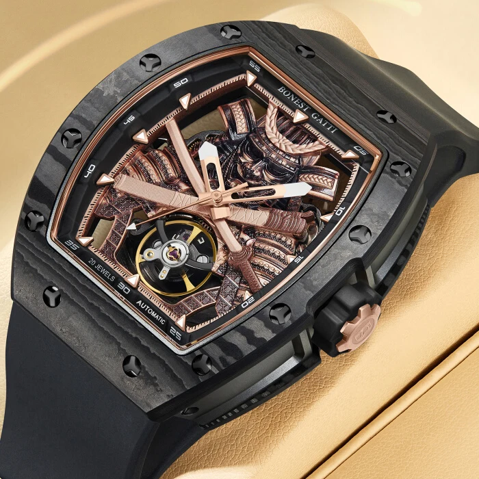 BONEST GATTI ผู้ชายนาฬิกาอัตโนมัติ 42 มม.* 54 มม.Tonneau นาฬิกาข้อมือ Luminous คาร์บอนไฟเบอร์ BEZEL Luminous Skeleton Ninja Dial