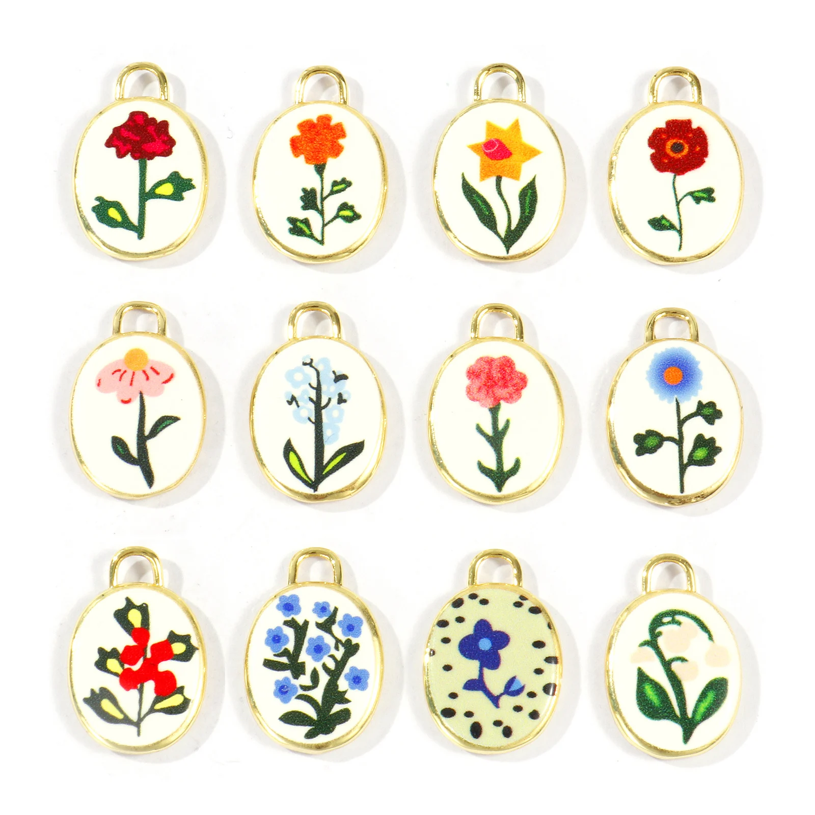2pcs Vintage Brass Charms 18K Gold Plated Oval Birth Month Flower Printed Pendants DIY Necklace Jewelry Findings 20mm x 13.5mm