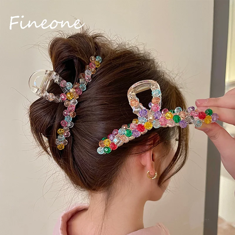 Colorful Crystal Handmade Beaded Hair Claw Clips 2023 Korean Large Charm Colorful Pearl Hairpin Hair Accessories for Women