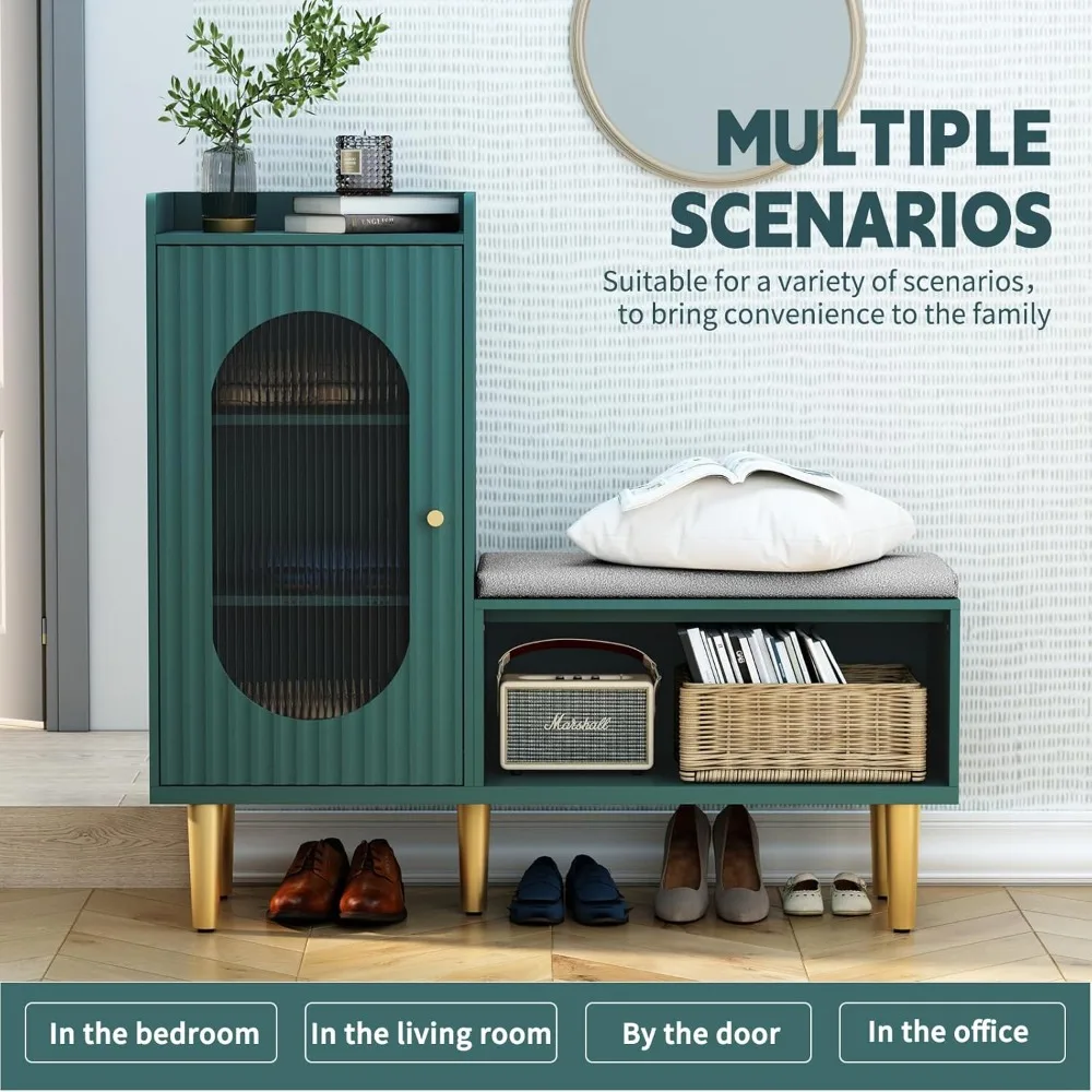 Скамья для хранения со стеклянной дверью и полкой, современная скамейка для обуви в прихожей с мягким сиденьем, зеленый L-образный шкаф для хранения